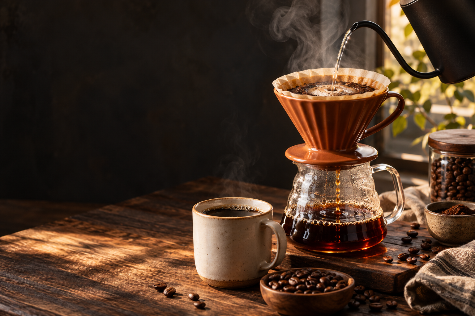 Coffee brewing through an orange pour-over dripper into a glass carafe