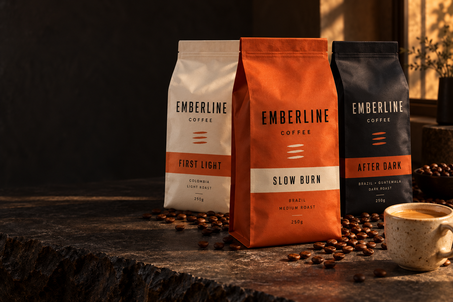 EMBERLINE coffee bags in orange, cream and charcoal beside an espresso cup